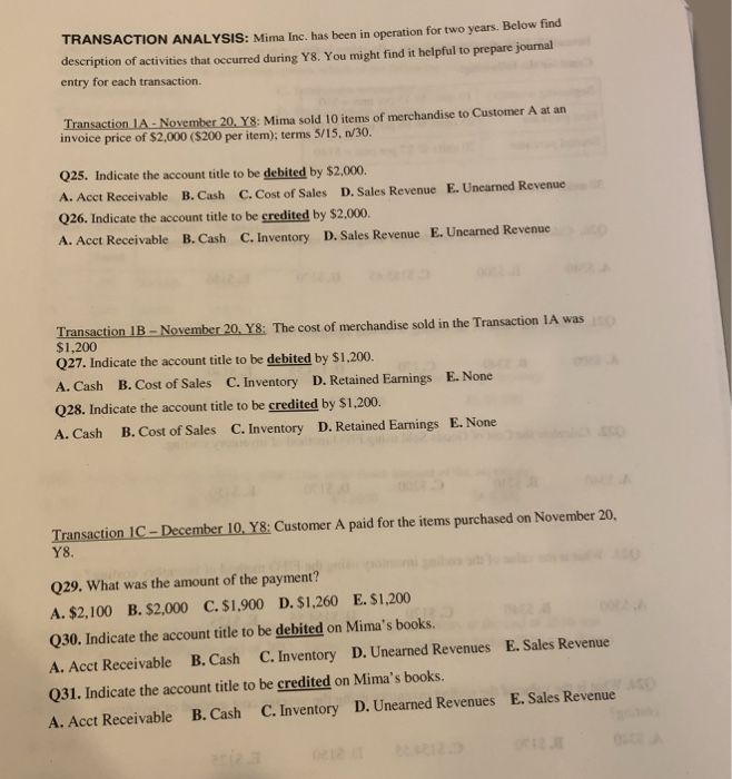  TRANSACTION ANALYSIS: Mima Inc. has been in operation for two years.