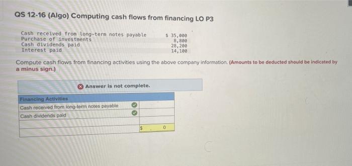  QS 12-16 (Algo) Computing cash flows from financing LO P3 Cash