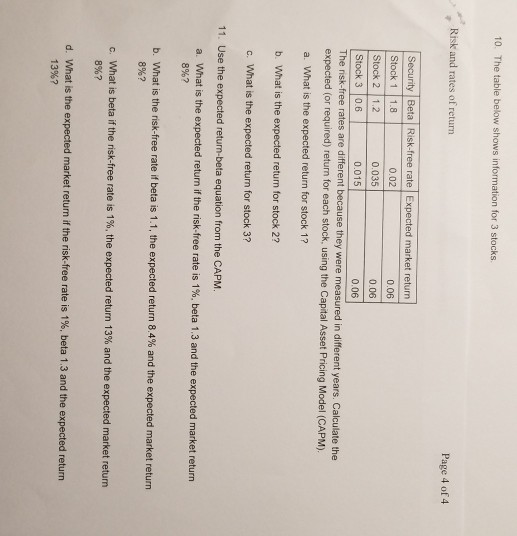 10. The table below shows information for 3 stocks Risk and