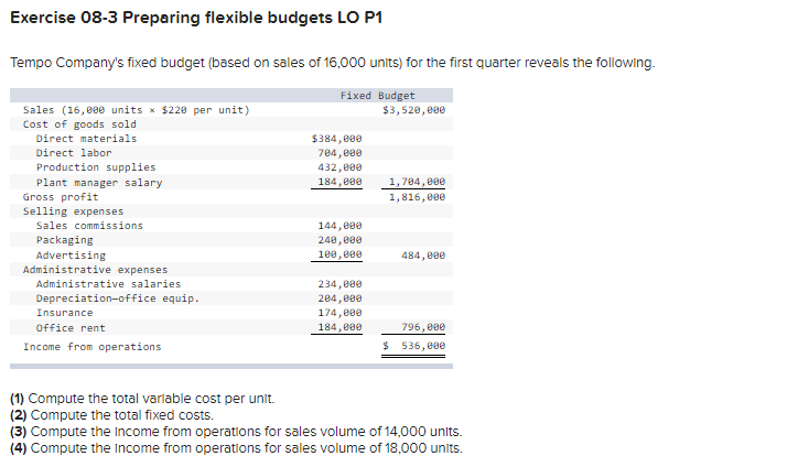  Questions: 1. Variable cost per unit. 2. Total fixed cost. 3.