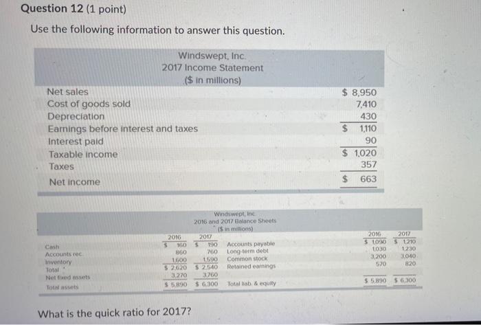  Question 12 (1 point) Use the following information to answer this