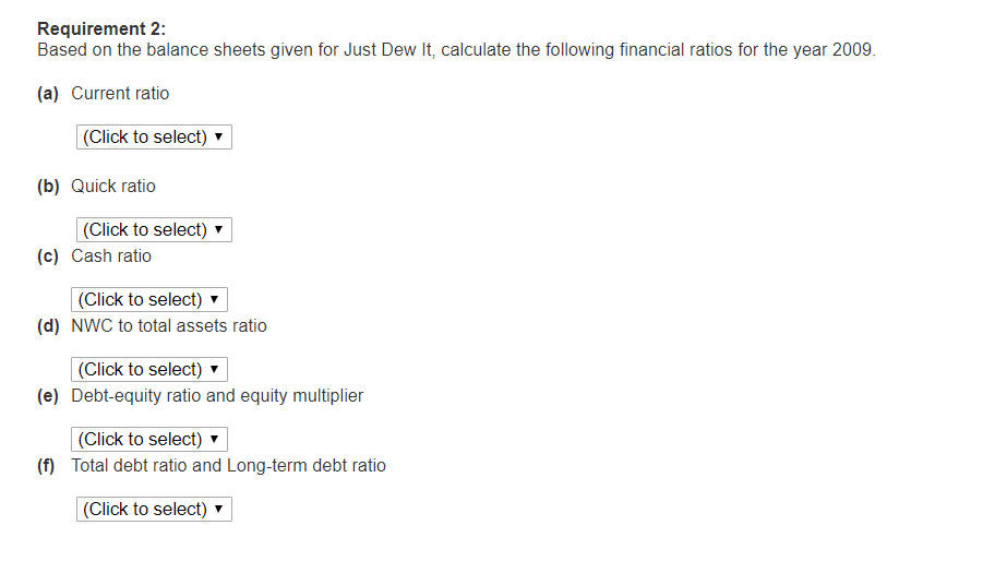 Part 2 Only Requirement 2: Based on the balance sheets given for