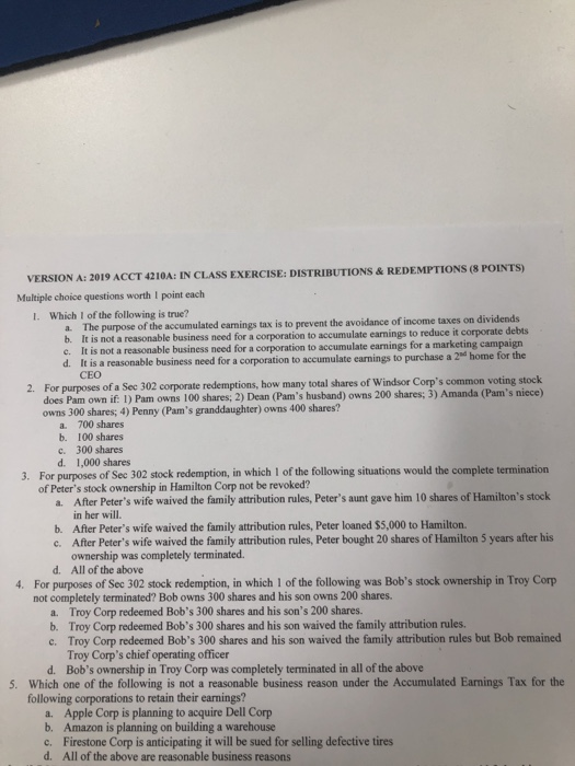  VERSION A 2019 ACCT 4210AI IN CLASS EXERCISE: DISTRIBUTIONS & REDEMPTIONS