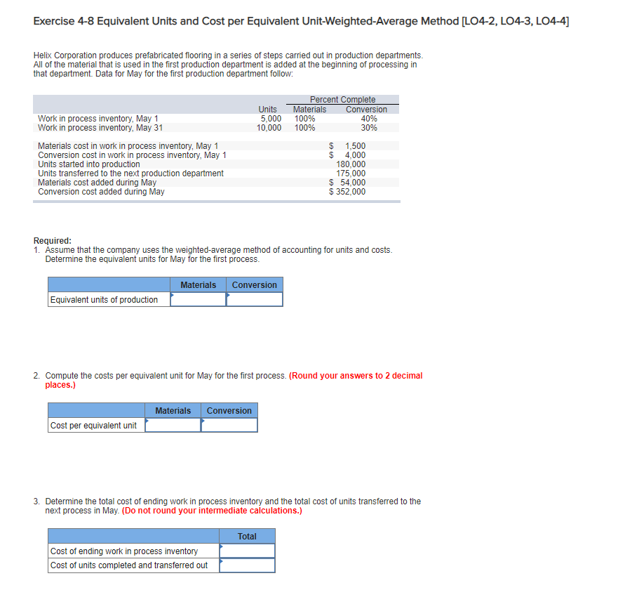 Exercise 4-8 Equivalent Units and Cost per Equivalent Unit-Weighted-Average Method [LO4-2, LO4-3,