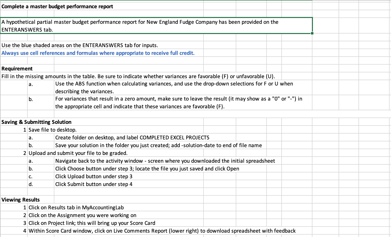  Complete a master budget performance report A hypothetical partial master budget