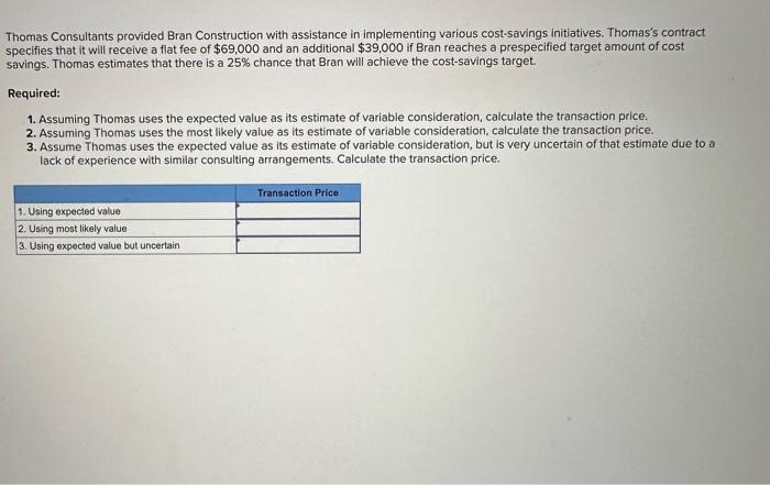  Thomas Consultants provided Bran Construction with assistance in implementing various cost-savings