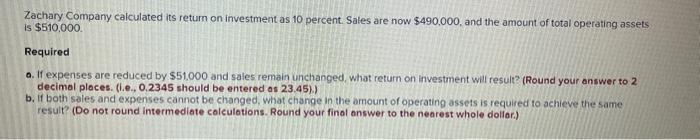 need help with this question Zachary Company calculated its return on investment