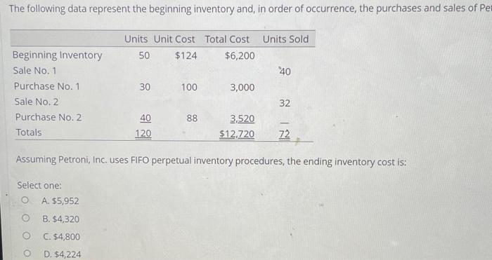  The following data represent the beginning inventory and, in order of