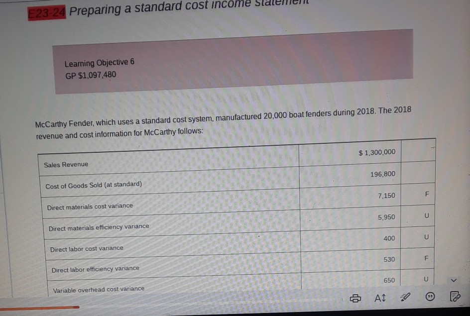 thank you, please show work 23-24 Preparing a standard cost income