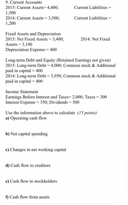  Current Liabilities 9. Current Accounts 2015: Current Assets=4,400; 1,500 2014: Current