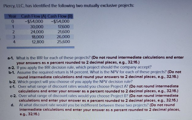  Piercy, LLC, has identified the following two mutually exclusive projects: Year
