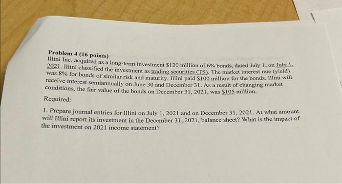  Problem 4 (16 points) Illini Inc. acquired as a long-term investment
