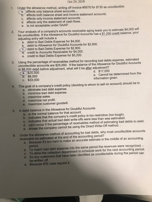  Please help me Oct 29, 2018 1. Under the allowance method,