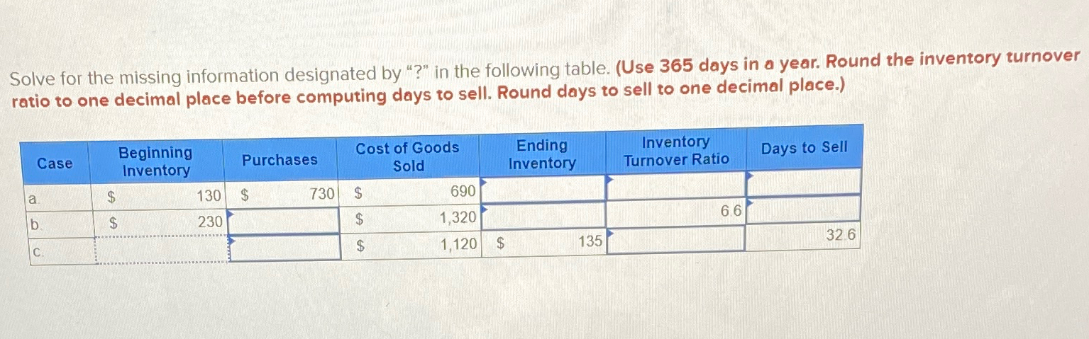  Solve for the missing information designated by "?" in the following