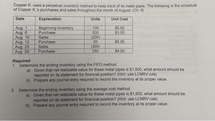 Copper K uses a perpetual inventory method to keep track of