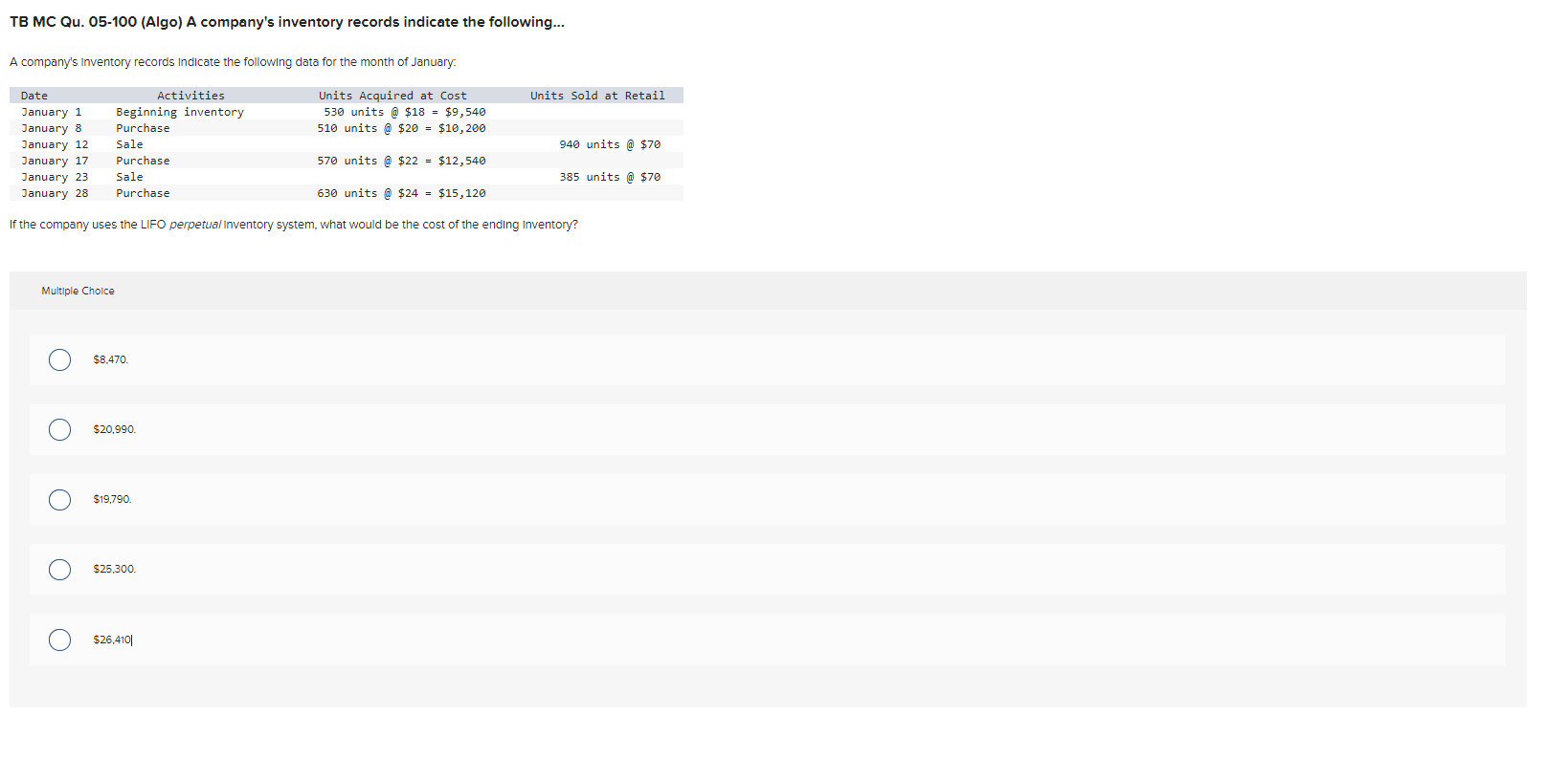  TB MC Qu.05-100(Algo) A company's inventory records indicate the following... A