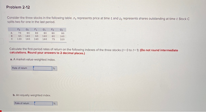  Problem 2-12 Consider the three stocks in the following table. Pe