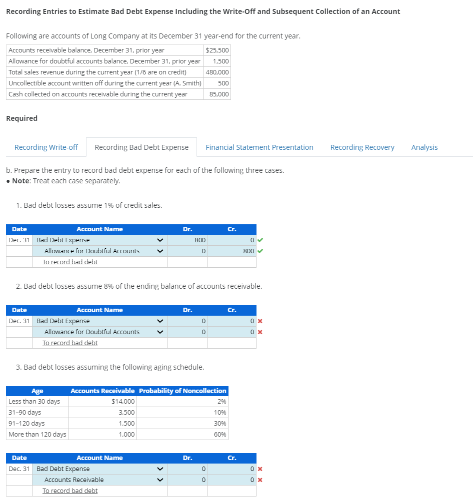 Recording Entries to Estimate Bad Debt Expense Including the Write-Off and