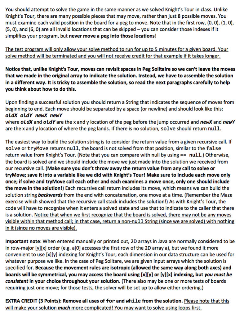 Peg Solitaire game demonstrated in class and found online. A constrained grid