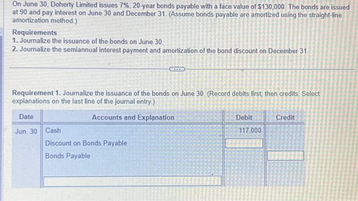  On June 30 , Doherty Limited issues 7%,20-year bonds payable with