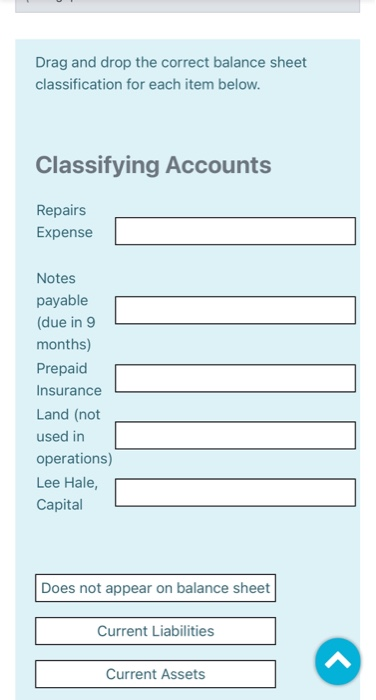  Drag and drop the correct balance sheet classification for each item