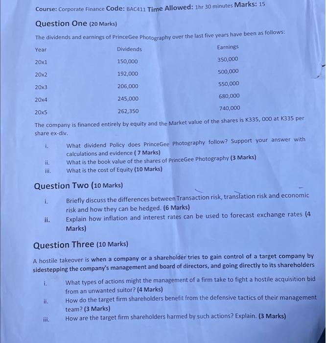  Course: Corporate Finance Code: BAc411 Time Allowed: 1 hr 30 minutes