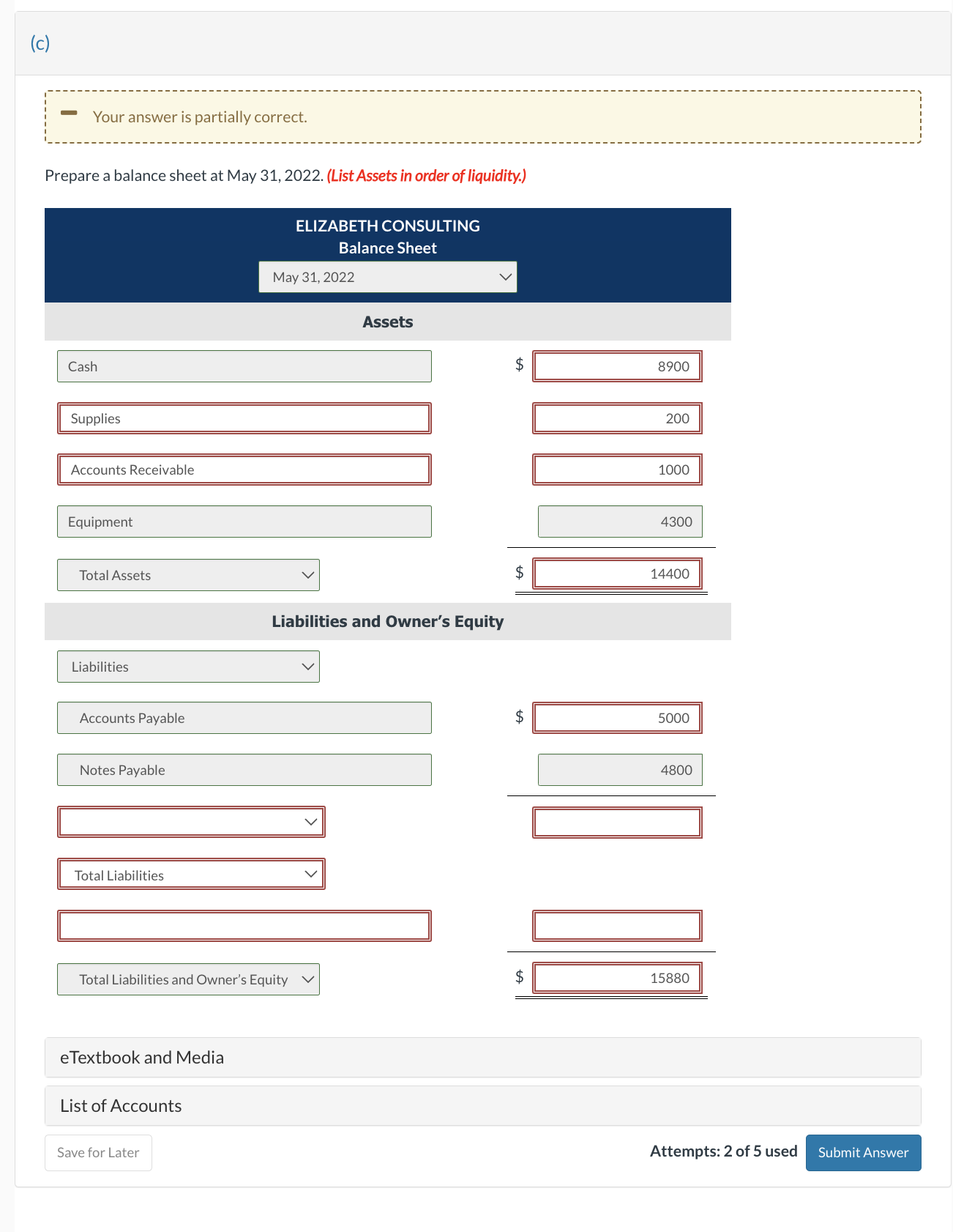 (c) Your answer is partially correct. Prepare a balance sheet at