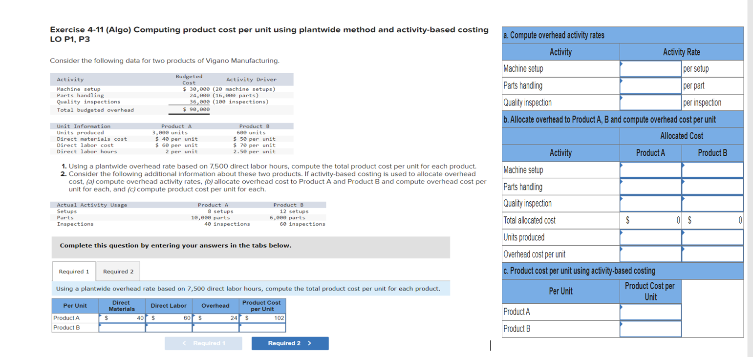 Exercise 4-11 (Algo) Computing product cost per unit using plantwide method