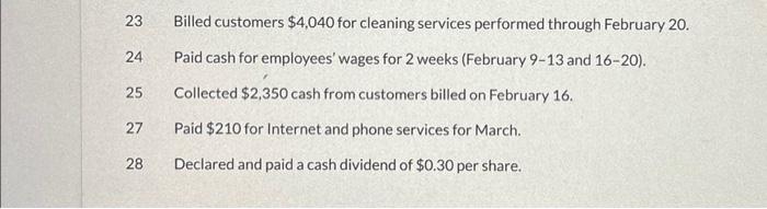 20. 24 Paid cash for employees' wages for 2 weeks (February 9-13