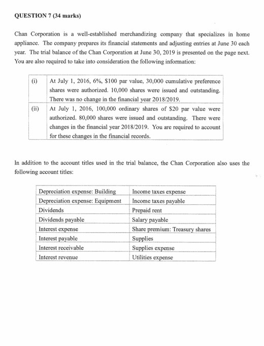 QUESTION 7 (34 marks) Chan Corporation is a well-established merchandizing company