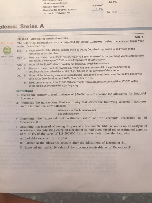  pr8-1a allowance method entries Notes receivable, net Accounts recelvable Allowance for