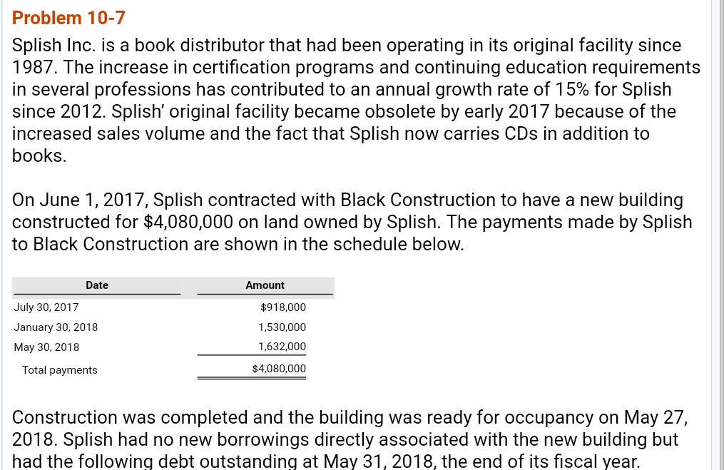  Problem 10-7 Splish Inc. is a book distributor that had been