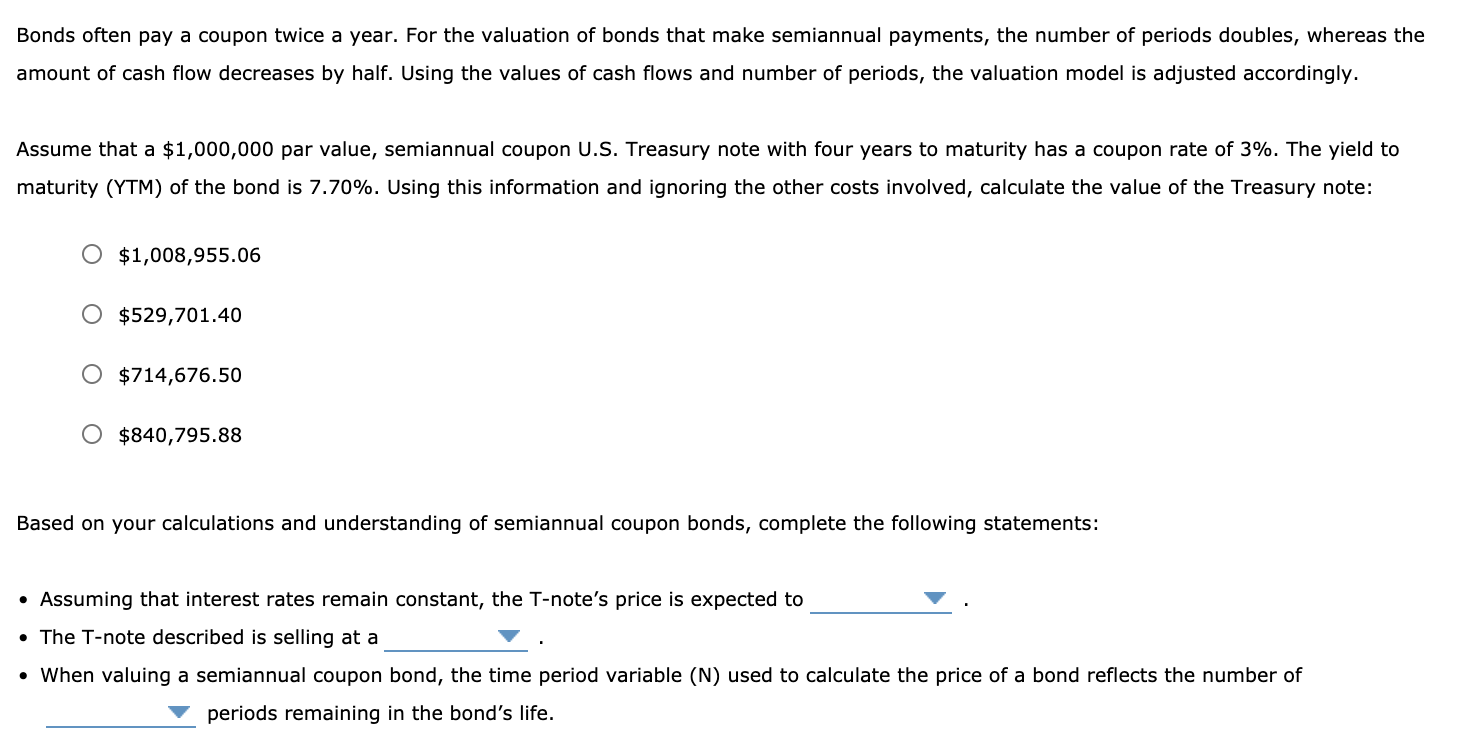  The options for fill in the blank: 1. increase/decrease 2. premium/discount