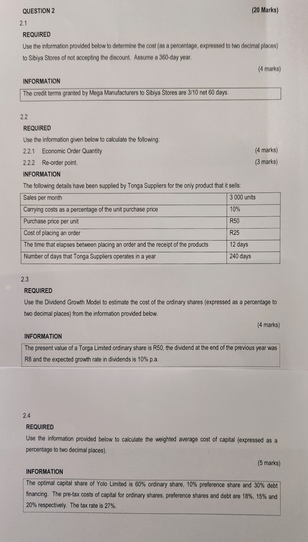  QUESTION 2 (20 Marks) 2.1 REQUIRED Use the information provided below