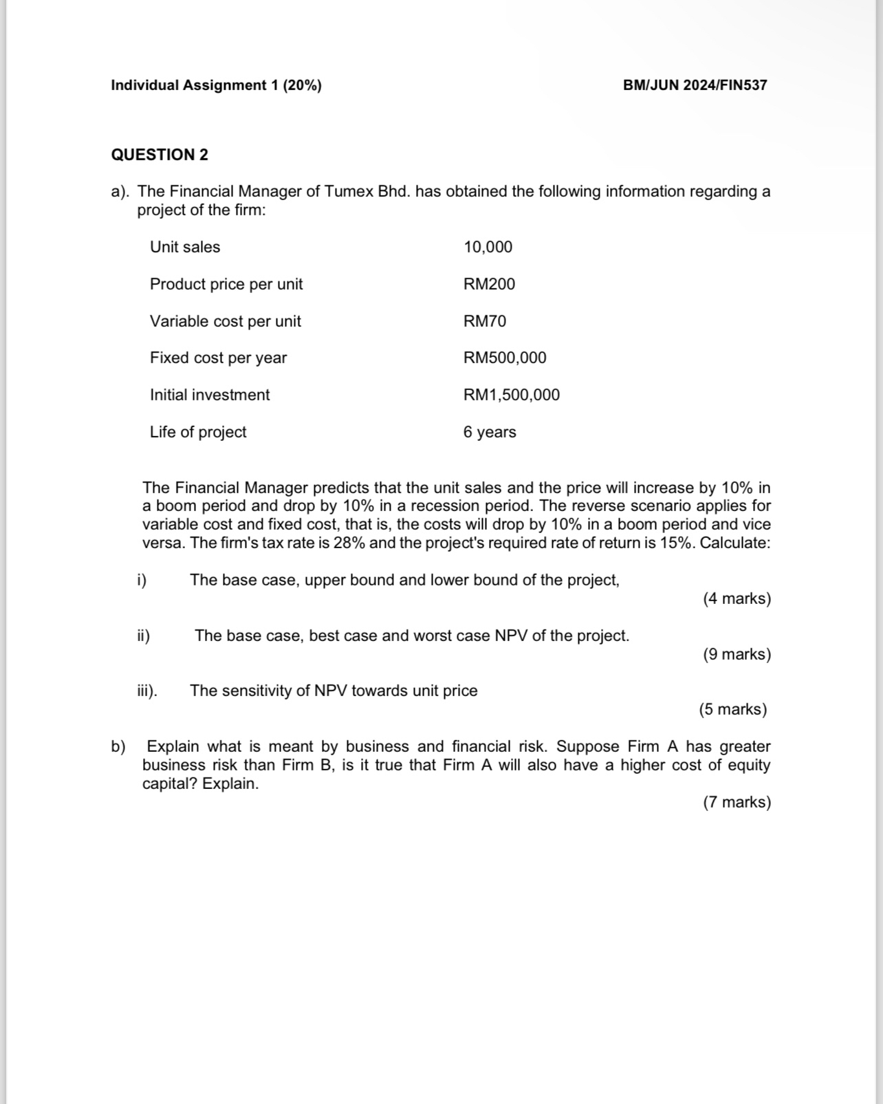  Individual Assignment 1(20%) BM/JUN 2024/FIN537 QUESTION 2 a). The Financial Manager
