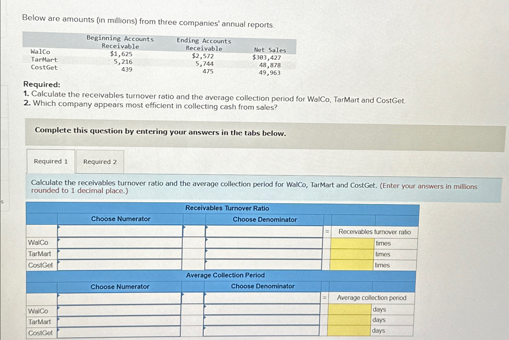 Below are amounts (in millions) from three companies' annual reports. \table[[,\table[[Beginning