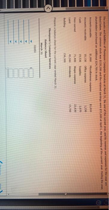 Thompson's Computer Services Balance Sheet March 31 Assets The assets and liabilities