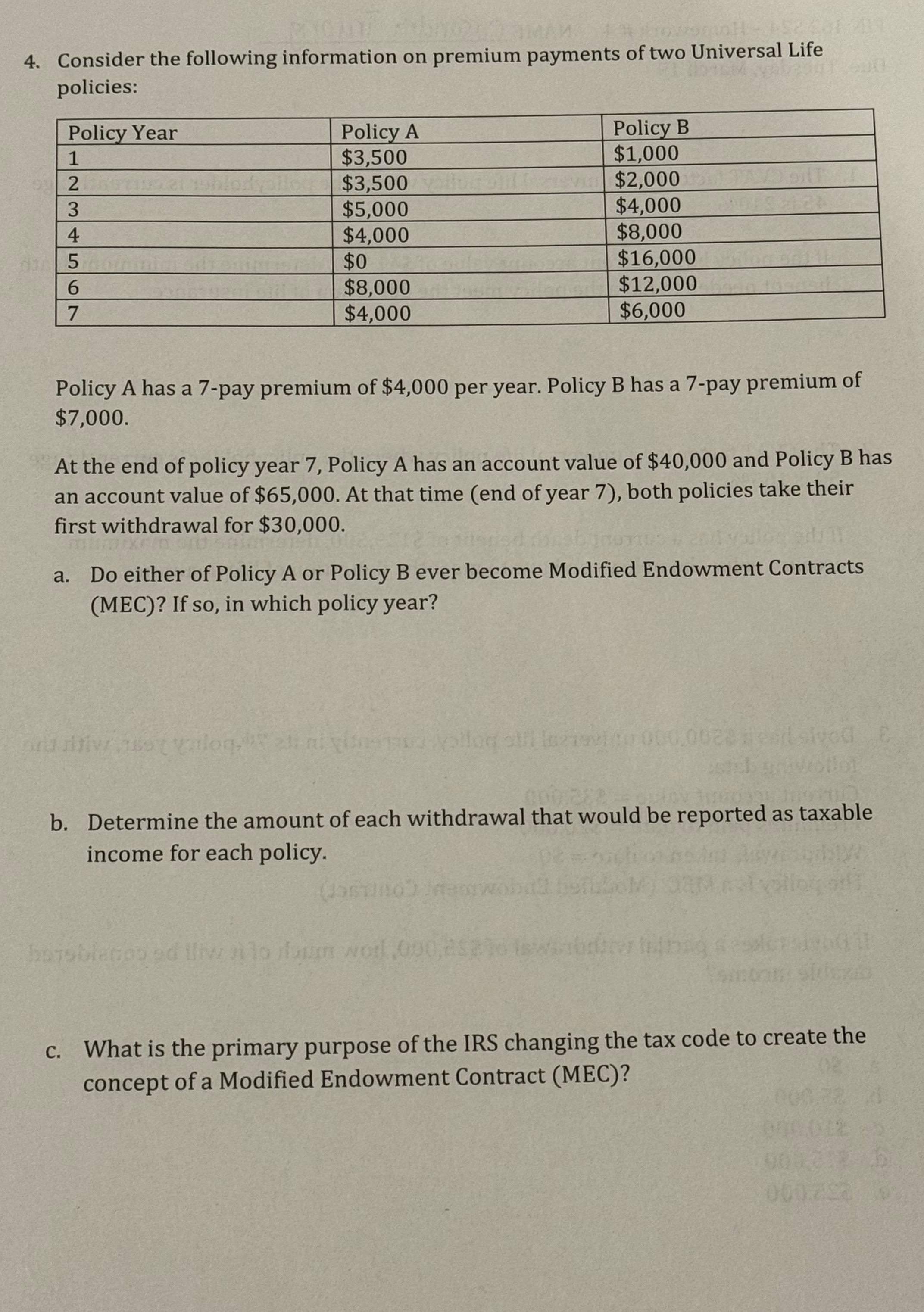  Consider the following information on premium payments of two Universal Life