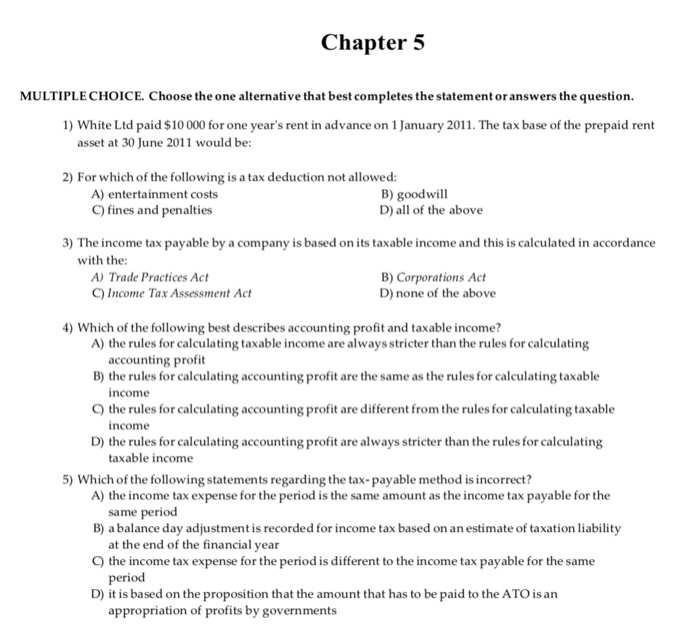  Chapter 5 MULTIPLE CHOICE. Choose the one alternative that best completes