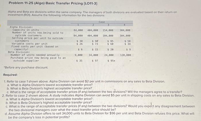  help please Problem 11-25 (Algo) Basic Transfer Pricing [LO11-3] Alpha and