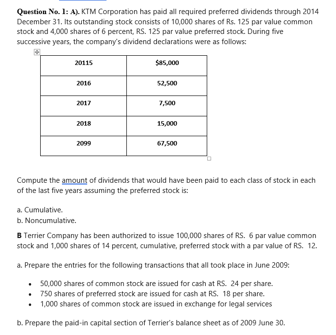  fQuestion No.1: A). KTM Corporation has paid all required preferred dividends