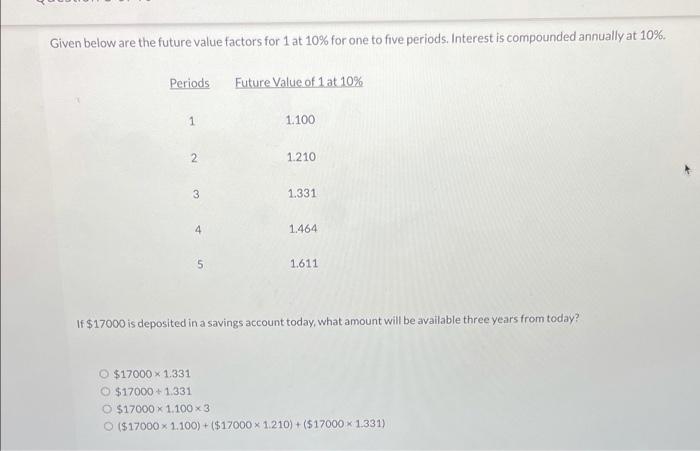  Given below are the future value factors for 1 at 10%