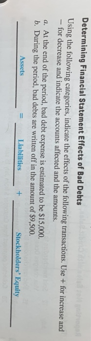  Determining Financial Statement Effects of Bad Debts Using the following categories,