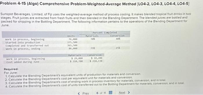  Problem 4-15 (Algo) Comprehensive Problem-Weighted-Average Method [LO4-2, LO4-3, LO4-4, LO4-5] Sunspot
