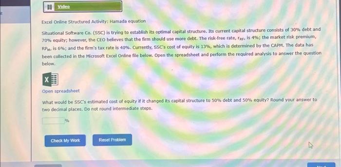  Excel Online Structured Activity: Hamada equation Situational Software Co. (SSC) is