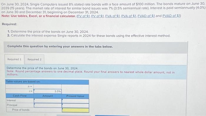  On June 30, 2024, Single Computers issued 8% stated rate bonds