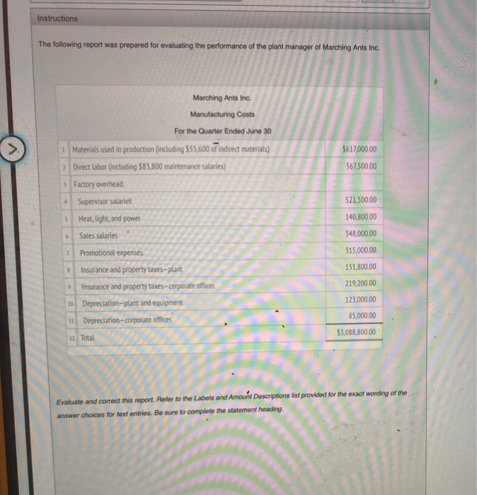  Instructions The following report was prepared for evaluating the performance of