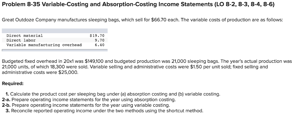  Problem 8-35 Variable-Costing and Absorption-Costing Income Statements (LO 8-2, 8-3, 8-4,