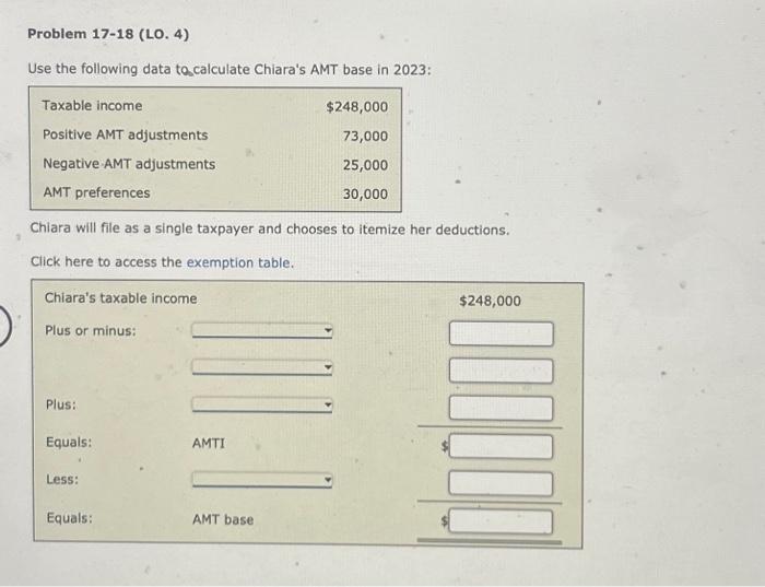  Problem 17-18 (LO. 4) Use the following data to calculate Chiara's