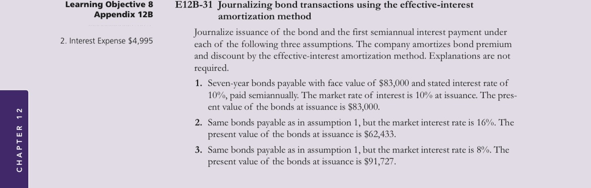  E12B-31 Journalizing bond transactions using the effective-interest amortization method Journalize issuance